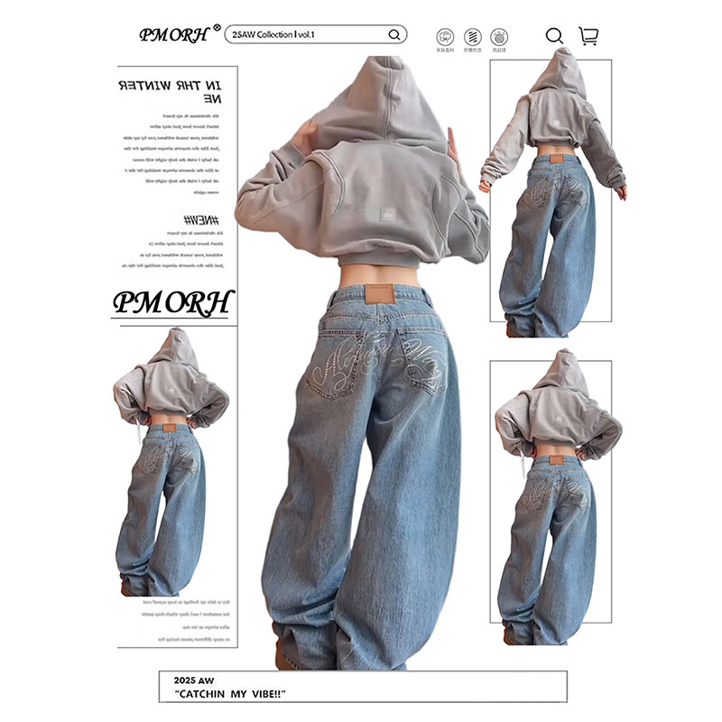 PMORH美式复古重工烫钻字母牛仔裤女秋冬新款显瘦宽松弯刀拖地裤,女装/女士精品,牛仔裤,淘宝优惠券,粉丝福利购,淘宝优惠卷