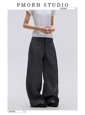 PMORH设计感腰贴阔腿垂感灰色西裤女2026秋冬新款高腰宽松直筒裤