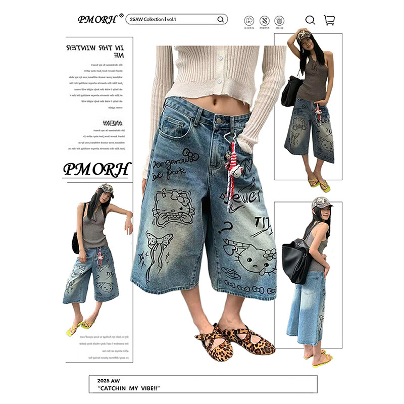 PMORH美式辣妹kitt猫卡通印花牛仔裤女秋冬新款显瘦宽松五分裤潮