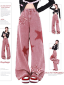 复古高腰星星贴布阔腿裤 PMROH 美式 女春季 子 多巴胺刺绣直筒牛仔裤