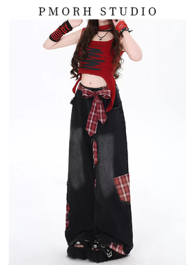 PMORH美式甜酷街头破洞红格牛仔裤女秋冬新款宽松直筒阔腿长裤子