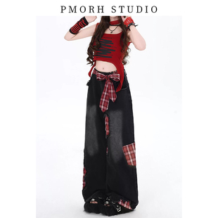 PMORH美式甜酷街头破洞红格牛仔裤女夏季新款宽松直筒阔腿长裤子