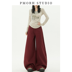 安可拉红阔腿牛仔裤女秋冬2026新款美式高腰宽松慵懒直筒拖地裤子