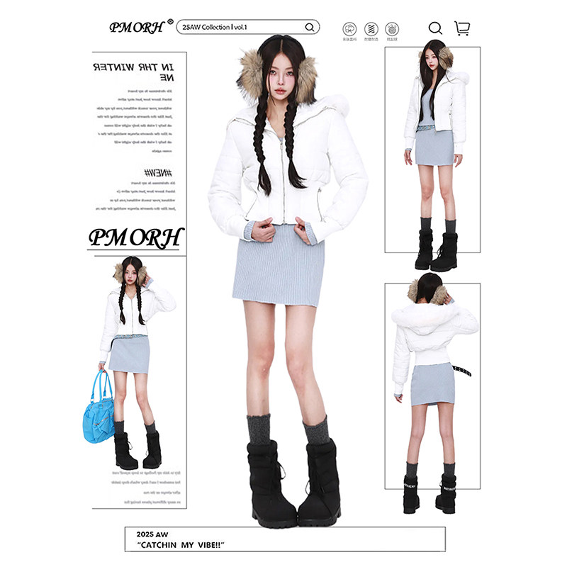 PMORH白色大毛领连帽轻薄羽绒棉服外套女春季加厚保暖宽松面包服