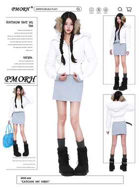 PMORH白色大毛领连帽轻薄羽绒棉服外套女冬季加厚保暖宽松面包服