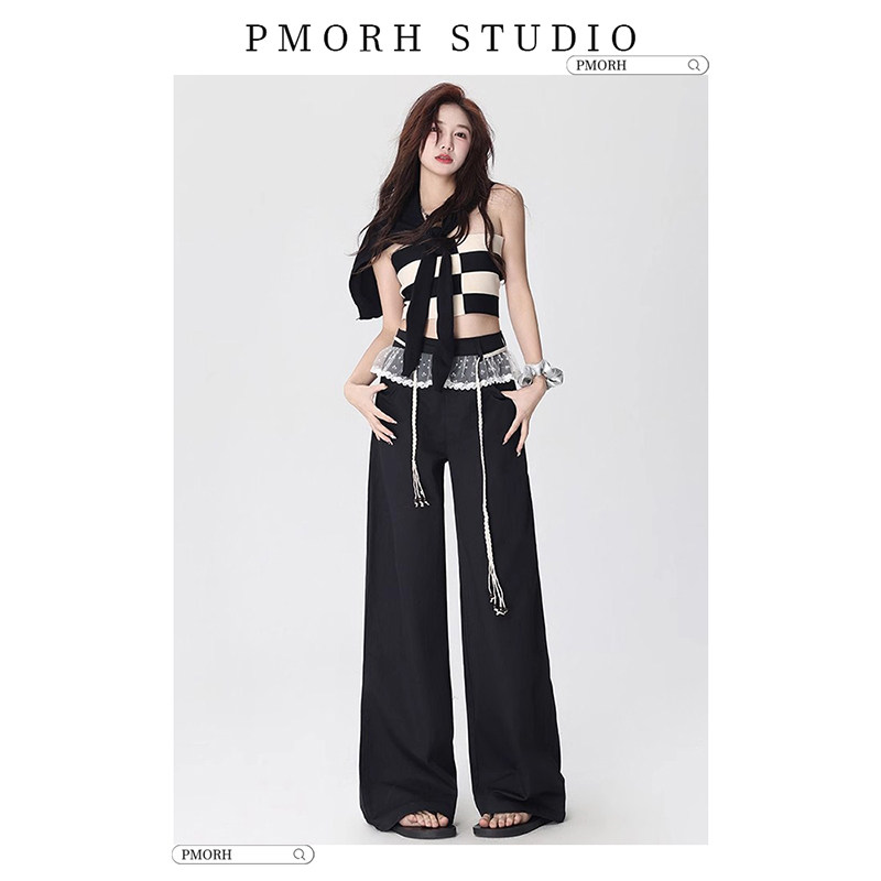 PMORH设计感蕾丝拼接黑色阔腿休闲裤女秋冬2026新款直筒拖地长裤,女装/女士精品,休闲裤,淘宝优惠券,粉丝福利购,淘宝优惠卷