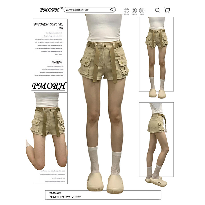 PMORH卡其色多口袋设计感牛仔短裤女秋冬新款高街修身显瘦a字热裤,女装/女士精品,牛仔裤,淘宝优惠券,粉丝福利购,淘宝优惠卷