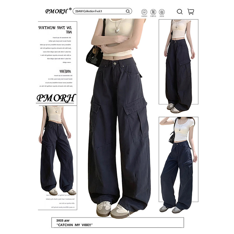 PMORH美式高街多口袋弯刀牛仔裤女秋冬新款设计宽松褶皱工装裤潮,女装/女士精品,牛仔裤,淘宝优惠券,粉丝福利购,淘宝优惠卷
