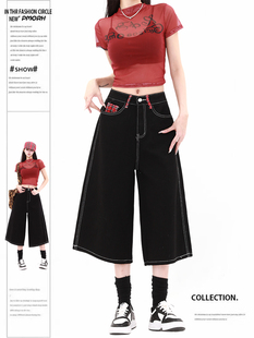 PMORH 美式复古格子拼接牛仔七分裤女秋冬低腰宽松黑色工装中短裤