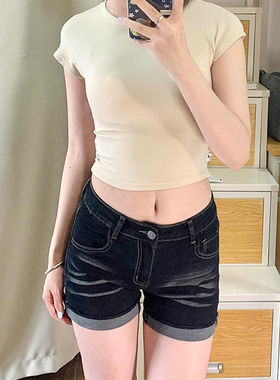 PMORH复古辣妹高级感提臀牛仔短裤女秋冬紧身显瘦卷边包臀热裤潮