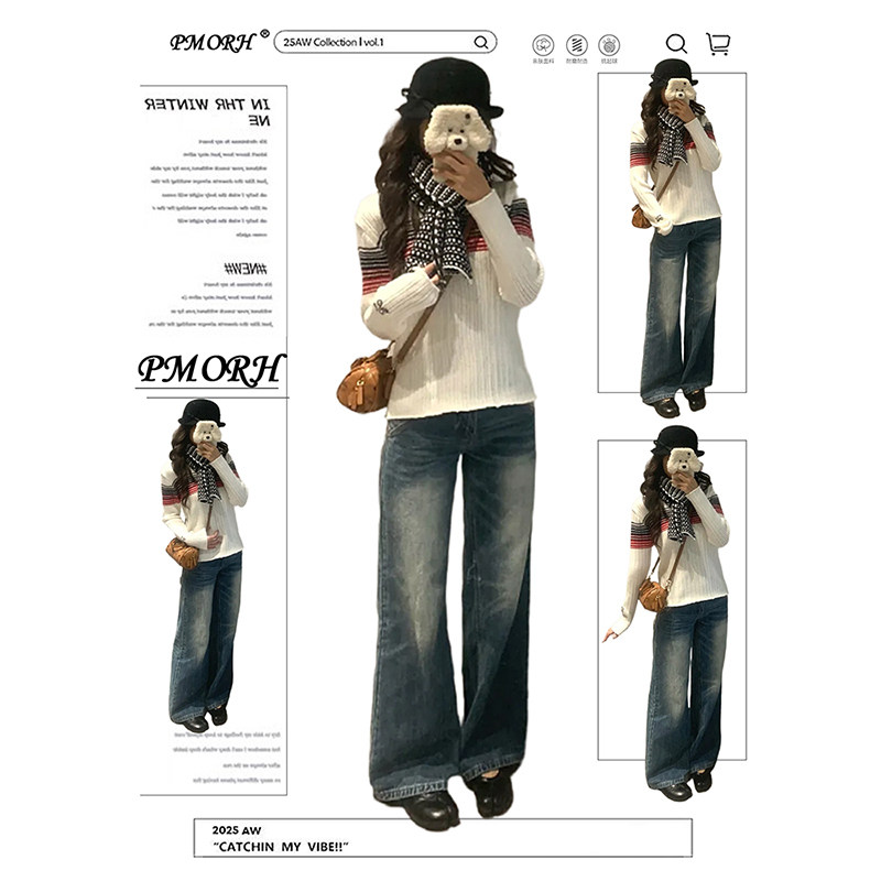 PMORH复古蓝色水洗微喇垂感牛仔裤女冬季2026新款低腰显瘦阔腿裤,女装/女士精品,牛仔裤,淘宝优惠券,粉丝福利购,淘宝优惠卷