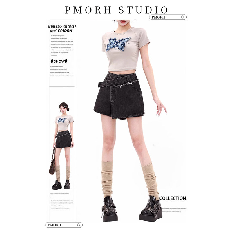 PMORH复古黑灰色牛仔裤裙女2026秋冬新款辣妹高腰a字短裤包臀热裤,女装/女士精品,牛仔裤,淘宝优惠券,粉丝福利购,淘宝优惠卷