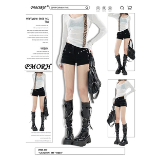 PMORH黑色低腰紧身牛仔短裤女春季2026新修身显瘦铆钉设计感热裤