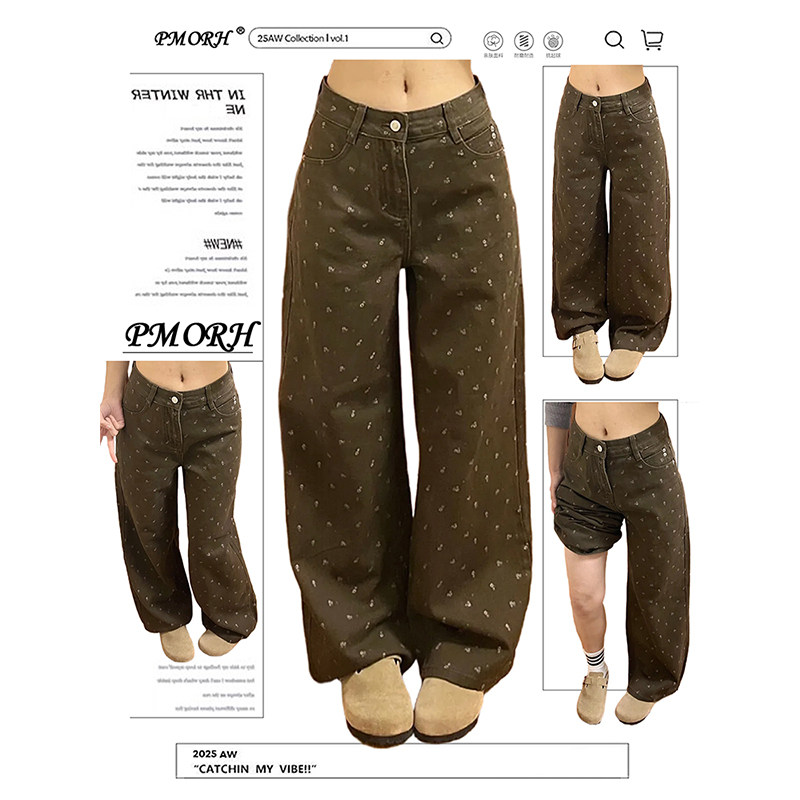 PMORH复古慵懒感水洗碎花直筒牛仔裤女春季新款设计感显瘦阔腿裤,女装/女士精品,牛仔裤,淘宝优惠券,粉丝福利购,淘宝优惠卷