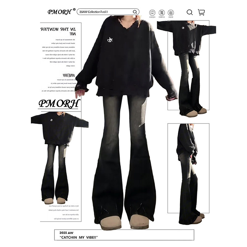 PMORH美式黑色水洗做旧微喇叭牛仔裤女冬季新款修身显瘦马蹄裤子,女装/女士精品,牛仔裤,淘宝优惠券,粉丝福利购,淘宝优惠卷