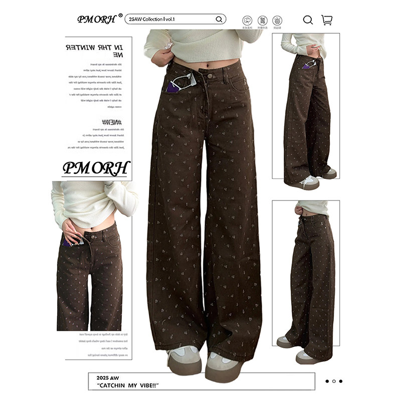 PMORH复古慵懒感水洗碎花垂感牛仔裤女春季新款设计感显瘦阔腿裤,女装/女士精品,牛仔裤,淘宝优惠券,粉丝福利购,淘宝优惠卷