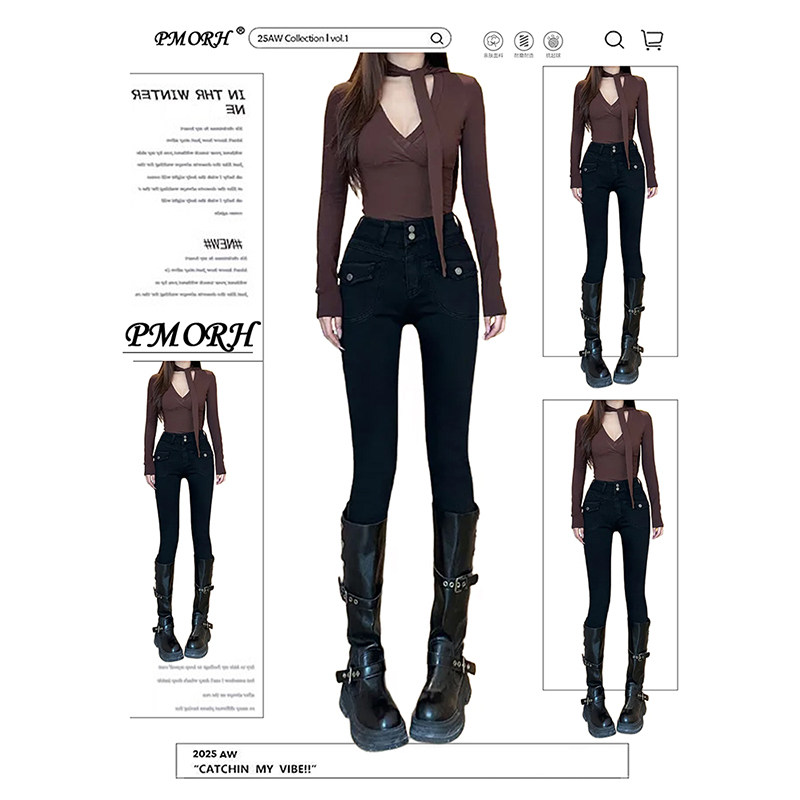 PMORH美式高腰弹力加绒黑色牛仔裤女2026秋冬新款修身显瘦铅笔裤,女装/女士精品,牛仔裤,淘宝优惠券,粉丝福利购,淘宝优惠卷