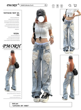 PMORH美式低腰设计感蓝色破洞牛仔裤女夏季新款宽松做旧阔腿长裤
