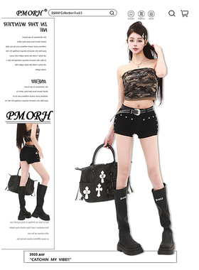 PMORH复古低腰铆钉丰胯牛仔超短裤女秋冬新款辣妹修身显瘦热裤潮