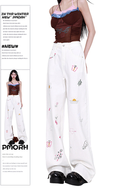 PMORH 趣味刺绣白色牛仔裤女欧货爆款梨型身材窄版直筒宽松阔腿裤
