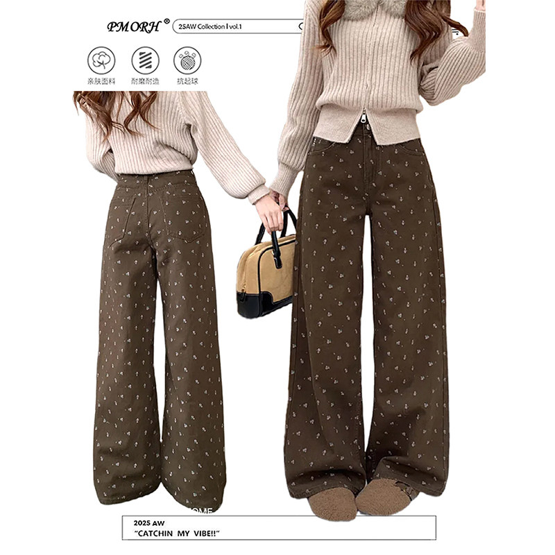 PMORH复古慵懒感可可棕做旧碎花牛仔裤女秋冬2026新款显瘦阔腿裤,女装/女士精品,牛仔裤,淘宝优惠券,粉丝福利购,淘宝优惠卷