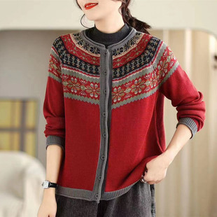 2023秋季 文艺民族风提花针织衫 开衫 复古百搭单排扣毛衣外套女 新款