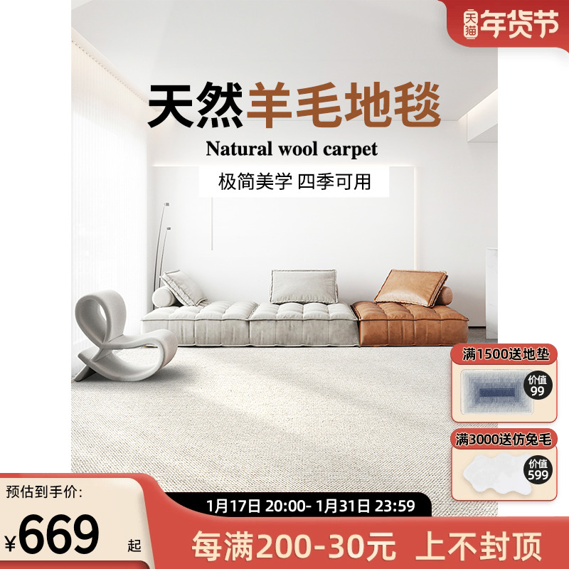 优立羊毛地毯客厅轻奢高级侘寂风现代简约风家用沙发卧室纯色地毯