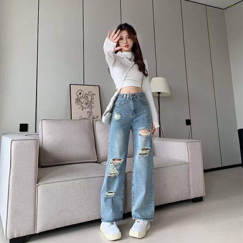 破洞直筒牛仔裤女多扣可调高腰显瘦小众设计感宽松阔腿拖地长裤子