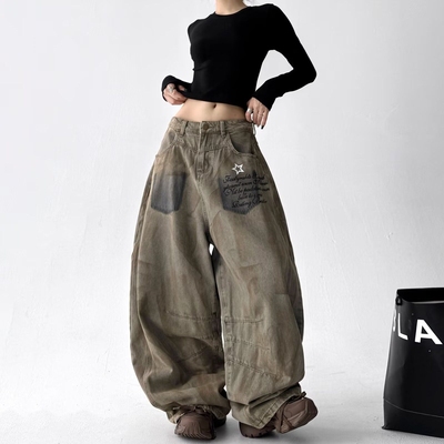 港风潮男夏季新款2024个性字母牛仔裤嘻哈ins潮高街潮流痞帅长裤
