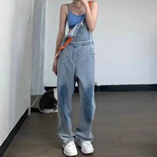 直筒拖地裤 减龄牛仔背带长裤 宽松百搭吊带连体裤 新款 潮 女2023春季