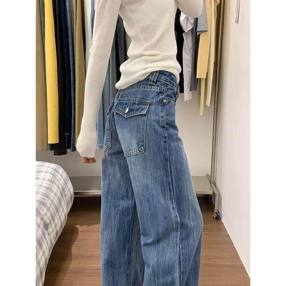 拼色腰身褶纹设计休闲牛仔裤女秋新款高腰宽松显瘦百搭直筒阔腿裤