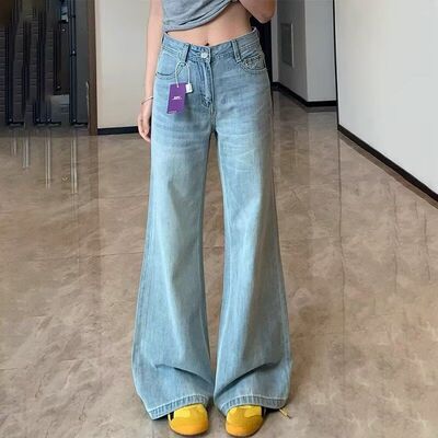 低腰微喇叭牛仔裤女薄款夏季2025新款浅蓝色裤子不贴腿直筒喇叭裤