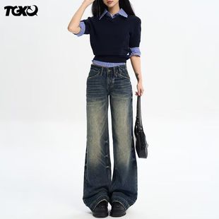 女夏季 宽松显瘦拖地长裤 新款 百搭喇叭裤 时尚 辣妹复古蓝微喇牛仔裤