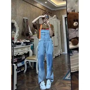 直筒拖地裤 减龄牛仔背带长裤 宽松百搭吊带连体裤 新款 潮 女2023春季