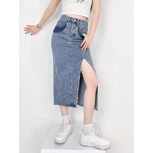 开叉牛仔裙半身裙女夏季2025年新款高腰分叉百搭中长款包臀裙长裙