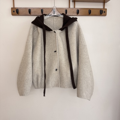 韩系设计感针织帽拼接宽松蝙蝠袖双面羊绒大衣女秋冬短款毛呢外套