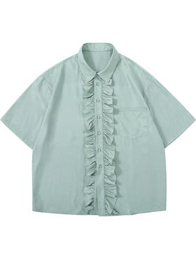 Pureピュア 23SS 浅绿色荷叶边门襟设计感时尚百搭短袖衬衫上衣