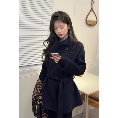 深灰色双面羊绒大衣女中长款