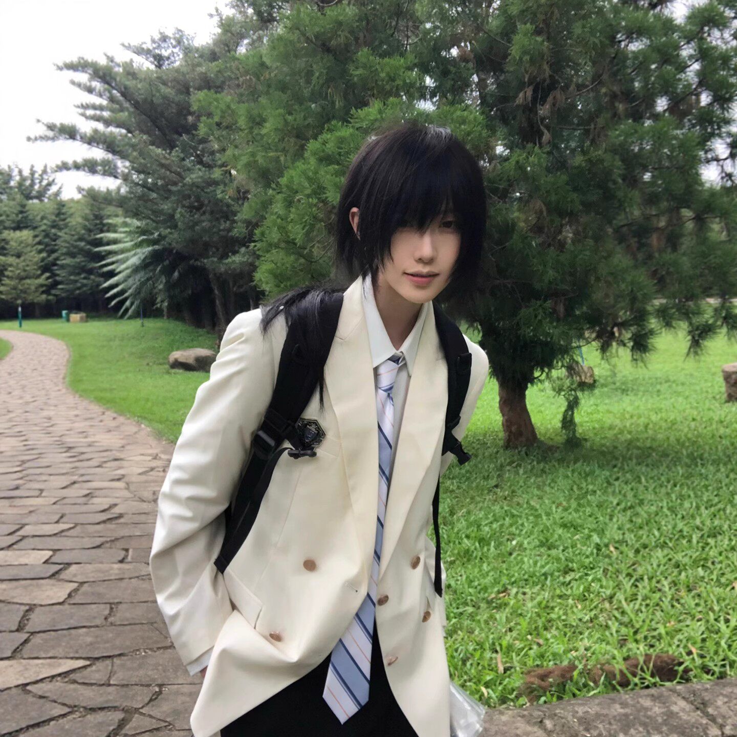 【刺篇】dk制服校供感上衣西装米白色男休闲外套双排扣西服套装