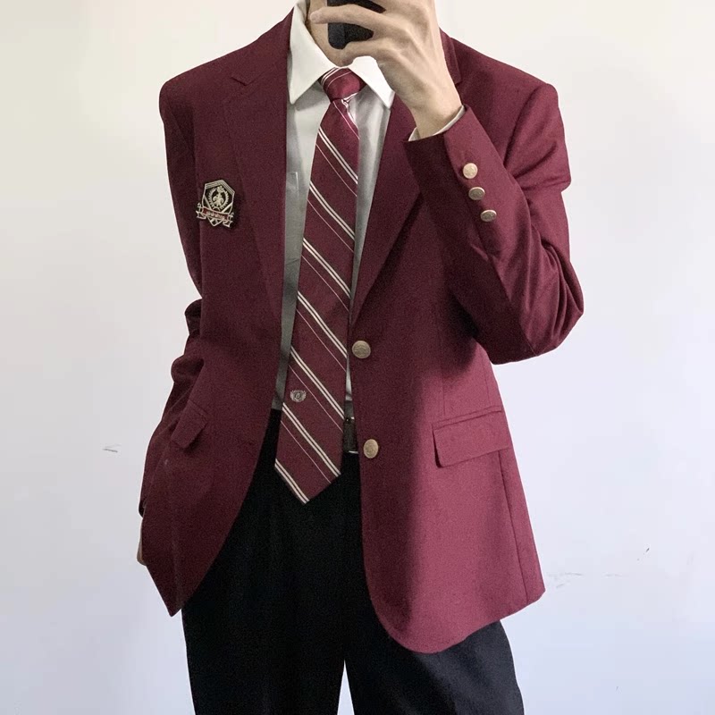 【刺篇】dk学院风红色蓝色男生制服西装成人礼西服外套学生全套装图片