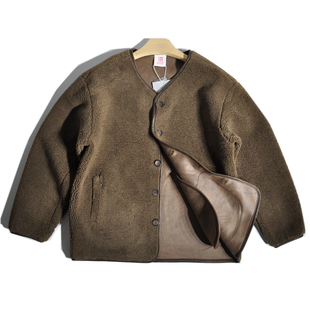 日系仿羊羔绒老钱风无领叠穿夹克棉衣宽松休闲保暖加厚加绒外套男