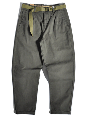 美式复古斜纹棉双褶Chino长裤宽松直筒工装休闲裤弹力锥形小脚裤