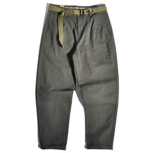 弹力锥形小脚裤 美式 休闲裤 宽松直筒工装 复古斜纹棉双褶Chino长裤