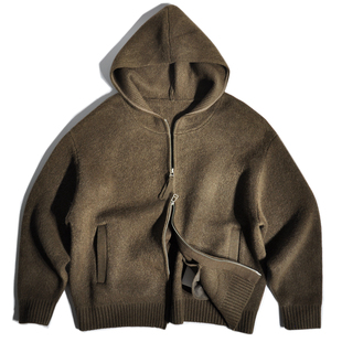 外套男 卫衣宽松休闲老钱风毛衣开衫 美式 高街复古巴恩风连帽针织衫