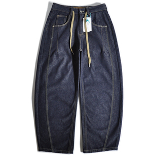 加绒保暖日系复古拼接廓形弯刀牛仔裤 宽松直筒锥形阔腿萝卜休闲裤