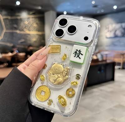 金箔麻将招财猫适用于苹果17promax手机壳华为Mate60立体reno15小米17pro/p80一加ACE5/红米k90保护套荣耀400