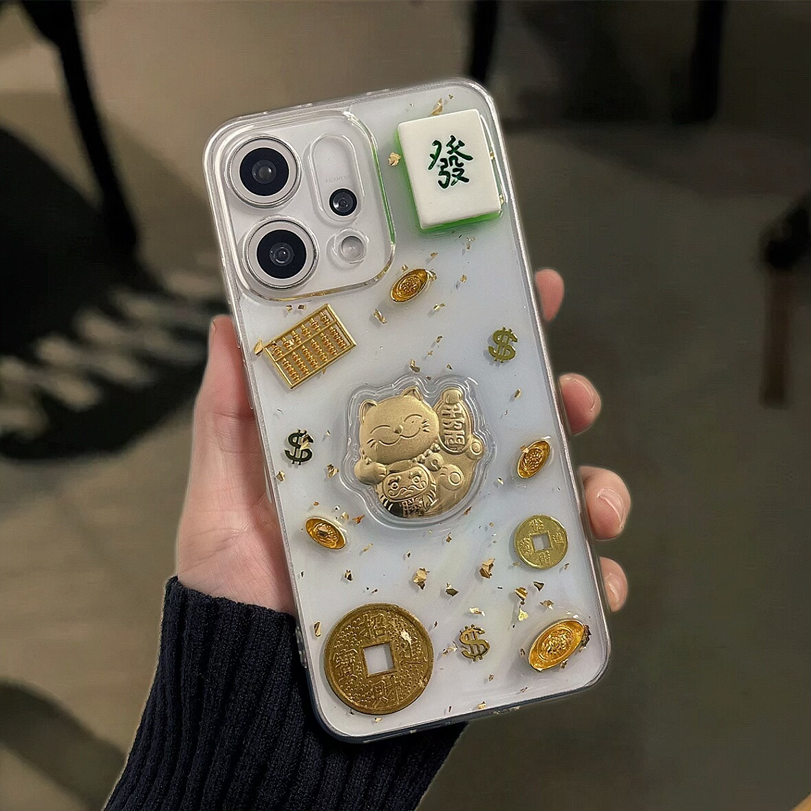 金箔麻将招财猫手机壳适用OPPOReno16 15c 14 13 12 11 10 9滴胶7 6 5pro立体FindX9pro 8ultra x7透明保护套