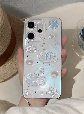 立体小鱼薄荷手机壳适用于OPPOReno15c 14 13 12 11 10 9 8滴胶7 6 5pro银箔FindX9pro 8ultra x7透明保护套