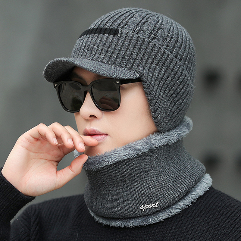 帽子男冬季针织帽短檐毛线鸭舌骑行防寒冷帽男款护耳加厚保暖棉帽