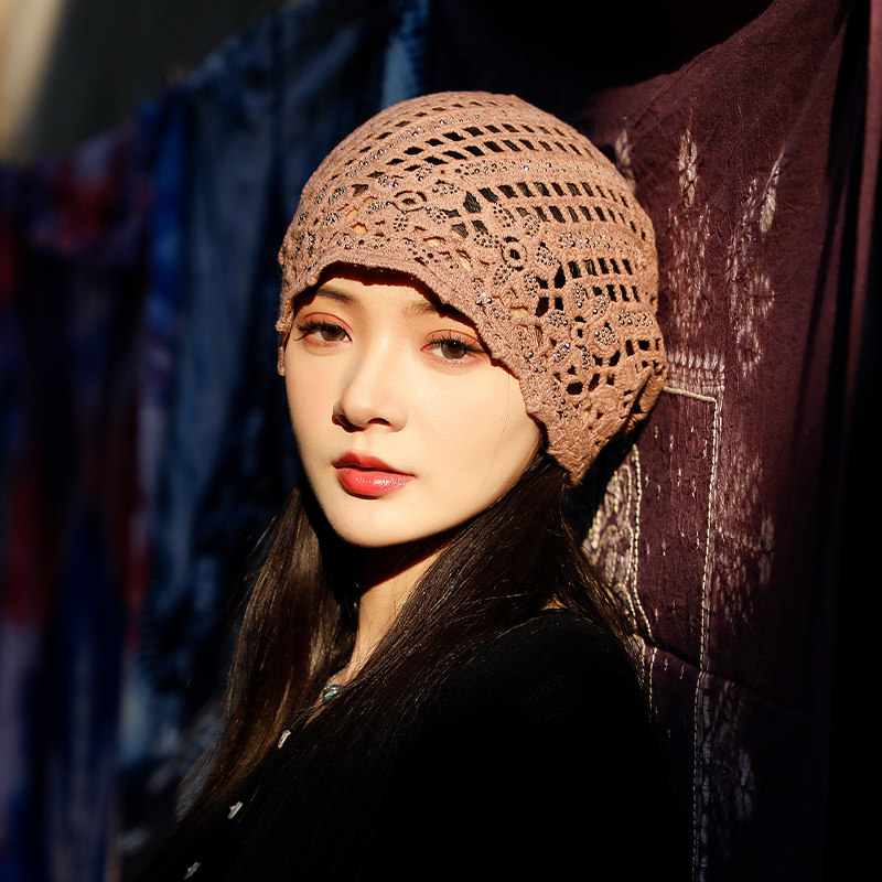 帽子女士秋套头帽薄款秋冬包头帽镂空堆堆帽花朵遮白发帽洋1214r